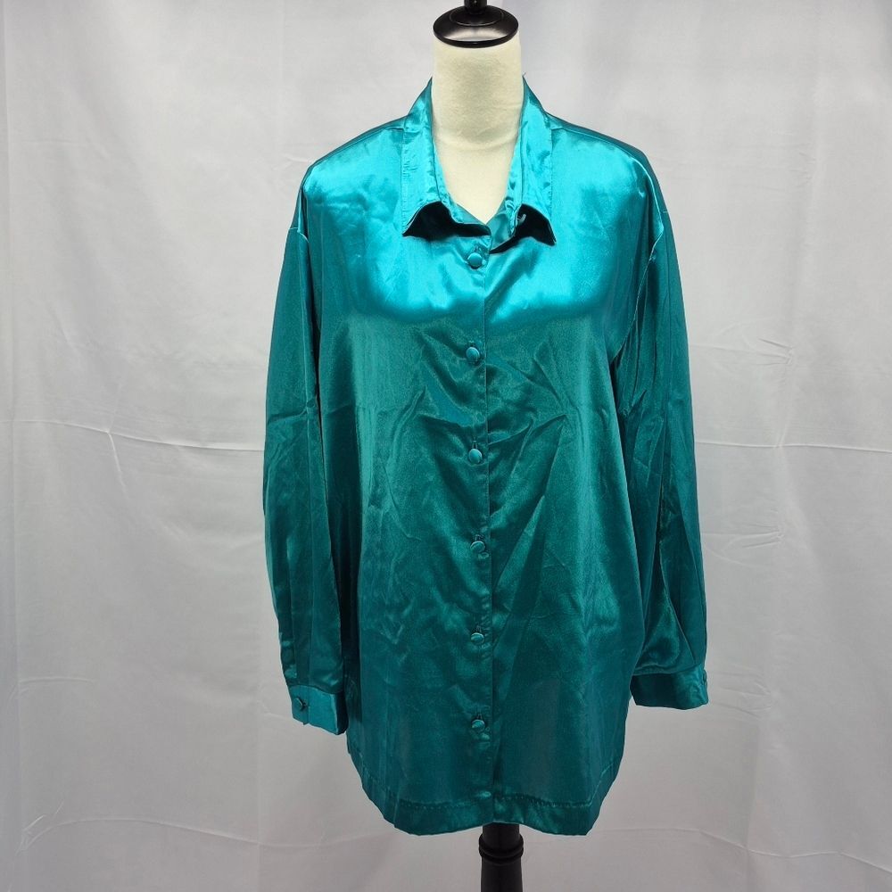 Vintage Willow Ridge Malvador Silky Button Down Shirt Blouse Size 1X Teal Green.